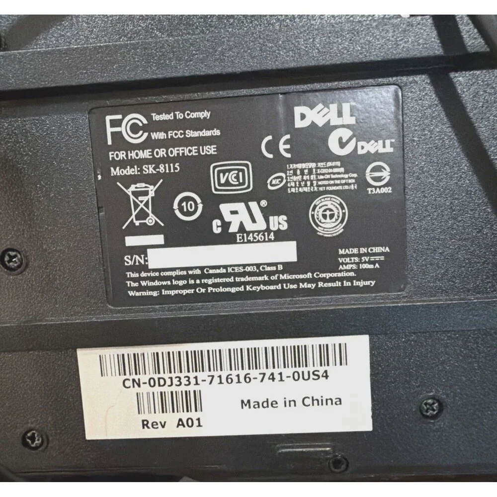 Dell SK-8115 L100 USB Wired Keyboard Black Standard 104-Key OEM Tested